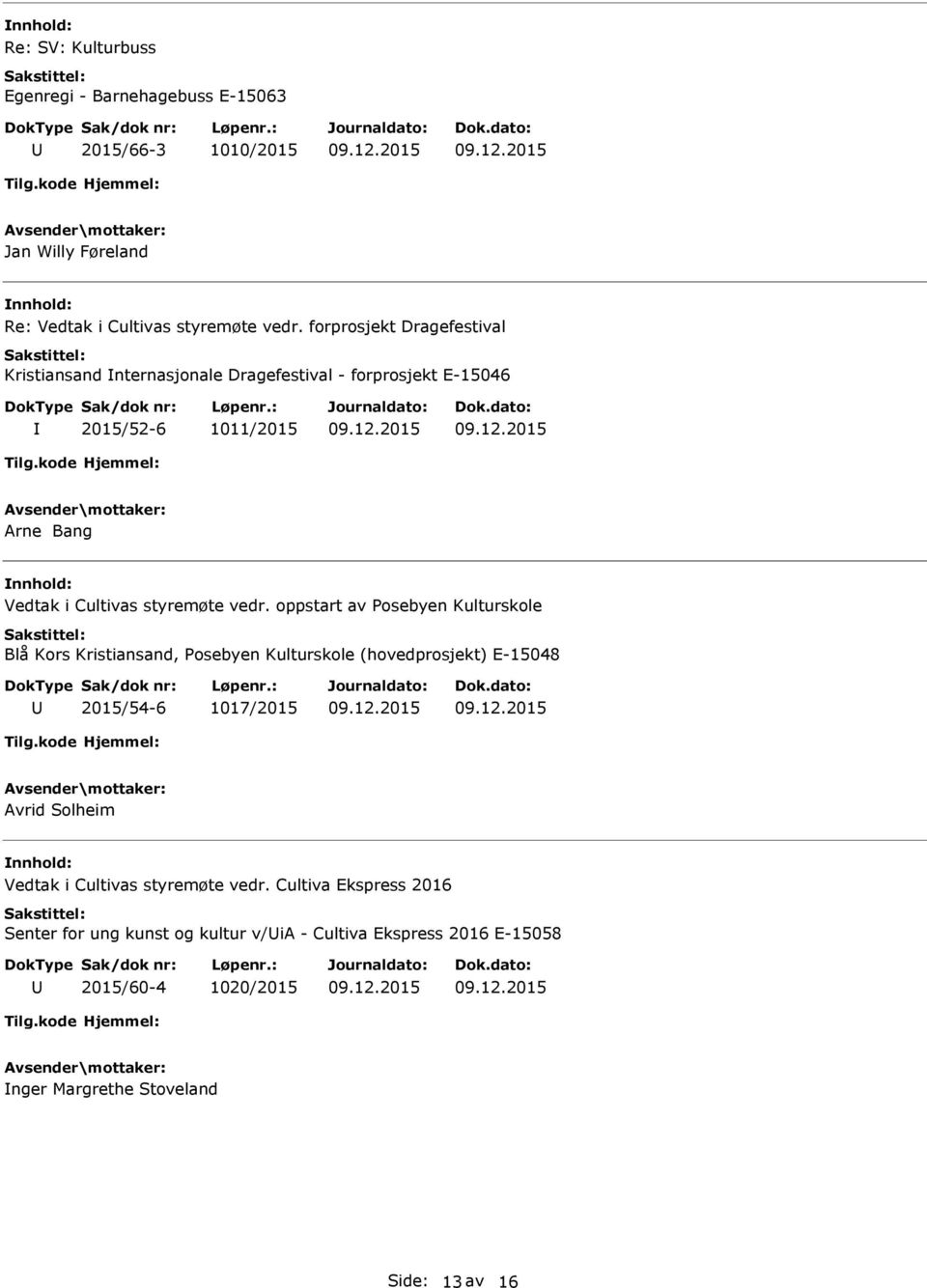 vedr. oppstart av Posebyen Kulturskole Blå Kors Kristiansand, Posebyen Kulturskole (hovedprosjekt) E-15048 2015/54-6 1017/2015 Avrid Solheim Vedtak i