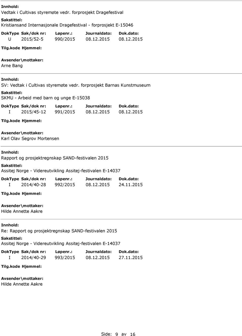 Arbeid med barn og unge E-15038 2015/45-12 991/2015 Karl Olav Segrov Mortensen Rapport og prosjektregnskap SAND-festivalen 2015 Assitej Norge - Videreutvikling