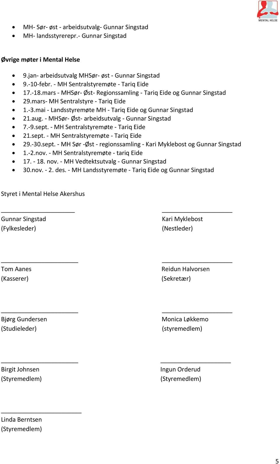 mai - Landsstyremøte MH - Tariq Eide og Gunnar Singstad 21.aug. - MHSør- Øst- arbeidsutvalg - Gunnar Singstad 7.-9.sept. - MH Sentralstyremøte - Tariq Eide 21.sept. - MH Sentralstyremøte - Tariq Eide 29.