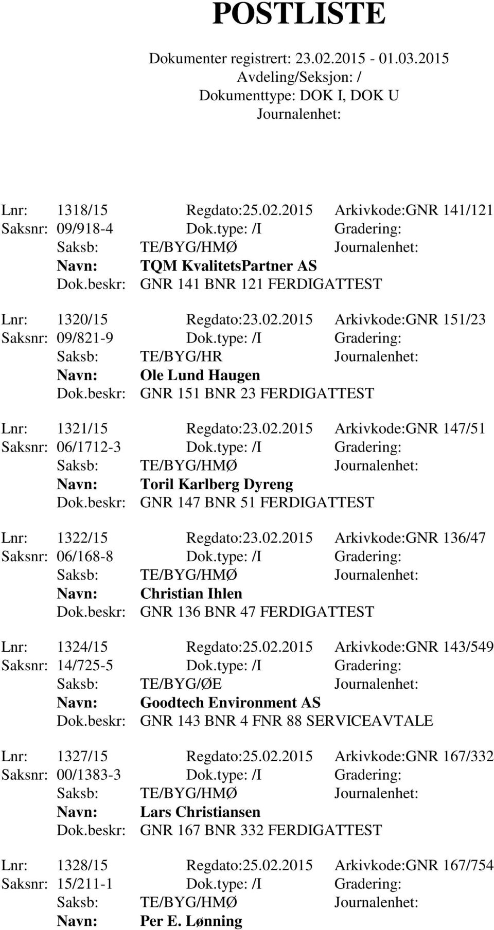 beskr: GNR 151 BNR 23 FERDIGATTEST Lnr: 1321/15 Regdato:23.02.2015 Arkivkode:GNR 147/51 Saksnr: 06/1712-3 Dok.type: /I Gradering: Saksb: TE/BYG/HMØ Toril Karlberg Dyreng Dok.