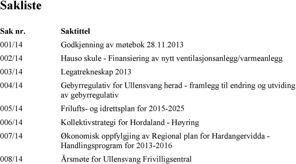 Gebyrregulativ for Ullensvang herad - framlegg til endring og utviding av gebyrregulativ 005/14 Frilufts- og idrettsplan for