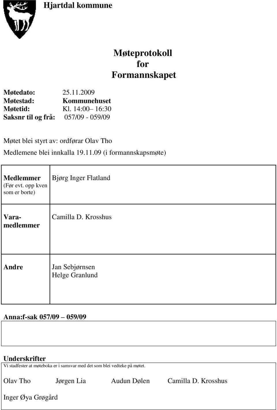 19.11.09 (i formannskapsmøte) Medlemmer (Før evt. opp kven som er borte) Bjørg Inger Flatland Varamedlemmer Camilla D.