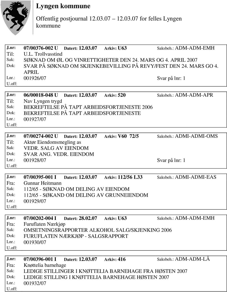 : ADM-ADM-APR Til: Nav Lyngen trygd Sak: BEKREFTELSE PÅ TAPT ARBEIDSFORTJENESTE 2006 Dok: BEKREFTELSE PÅ TAPT ARBEIDSFORTJENESTE Lnr.: 001927/07 J.nr: 07/00274-002 U Datert: 12.03.