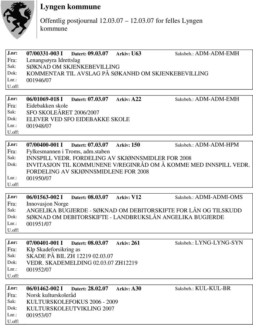 nr: 07/00400-001 I Datert: 07.03.07 Arkiv: 150 Saksbeh.: ADM-ADM-HPM Fra: Fylkesmannen i Troms, adm.staben Sak: INNSPILL VEDR.