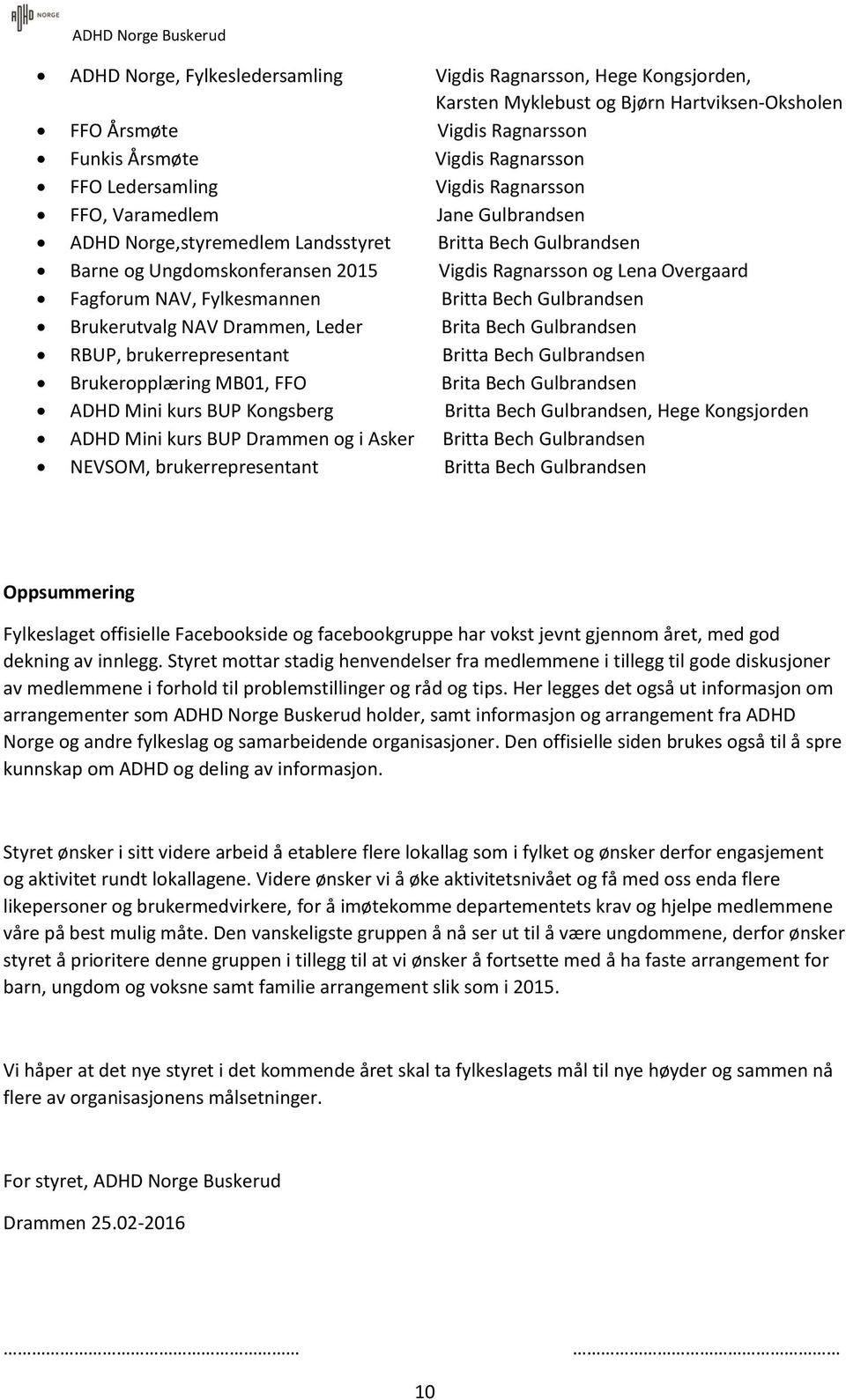 Fagforum NAV, Fylkesmannen Britta Bech Gulbrandsen Brukerutvalg NAV Drammen, Leder Brita Bech Gulbrandsen RBUP, brukerrepresentant Britta Bech Gulbrandsen Brukeropplæring MB01, FFO Brita Bech