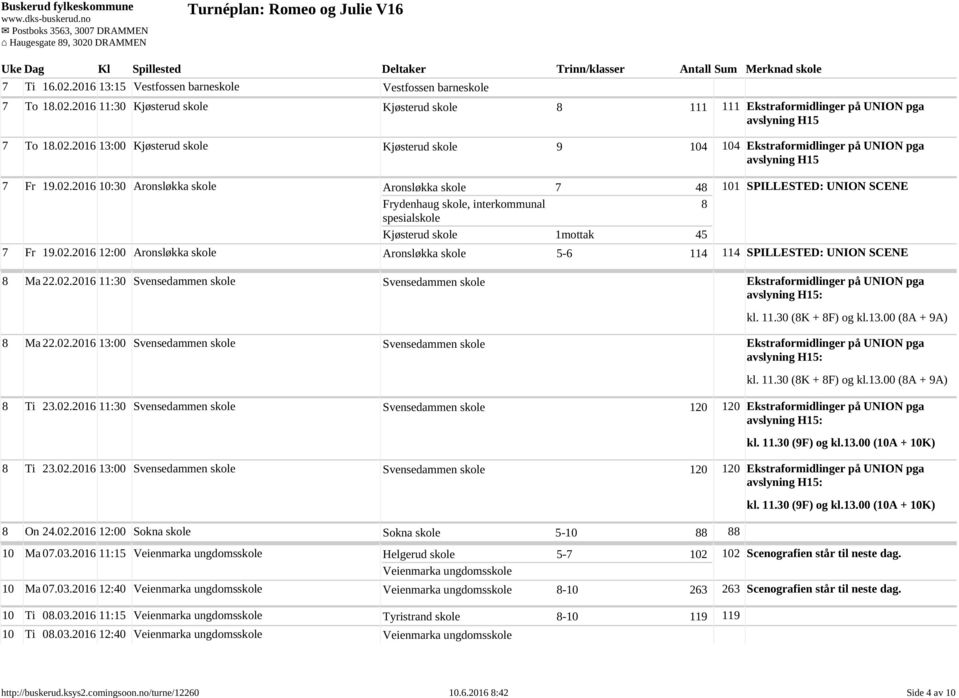 02.2016 11:30 Svensedammen skole Svensedammen skole Ekstraformidlinger på UNION pga avslyning H15: kl. 11.30 (8K + 8F) og kl.13.00 (8A + 9A) 8 Ma 22.02.2016 13:00 Svensedammen skole Svensedammen skole Ekstraformidlinger på UNION pga avslyning H15: kl.