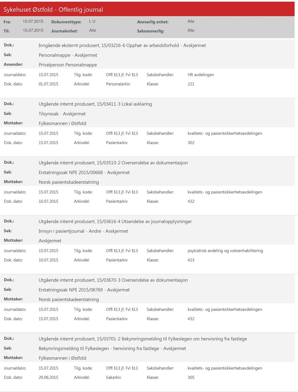 dato: Arkivdel: Pasientarkiv 302 tgående internt produsert, 15/03510-2 Oversendelse av dokumentasjon Erstatningssak NPE 2015/00668 - Avskjermet Norsk pasientskadeerstatning Dok. dato: 10.07.