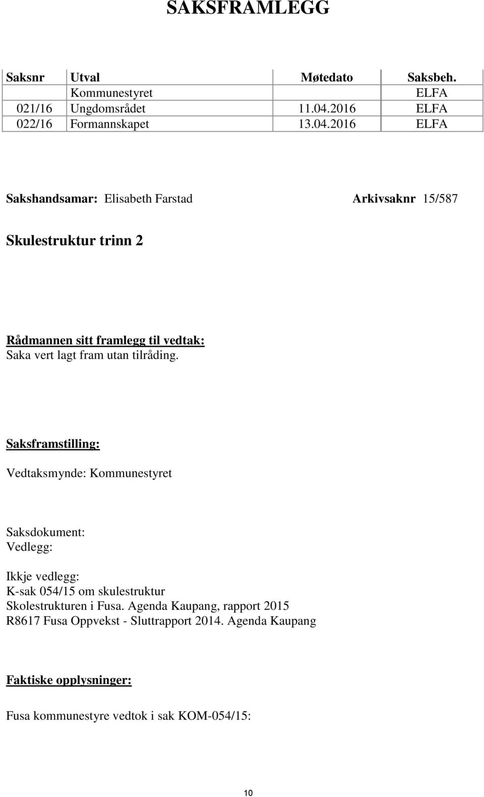 2016 ELFA Sakshandsamar: Elisabeth Farstad Arkivsaknr 15/587 Skulestruktur trinn 2 Rådmannen sitt framlegg til vedtak: Saka vert lagt fram
