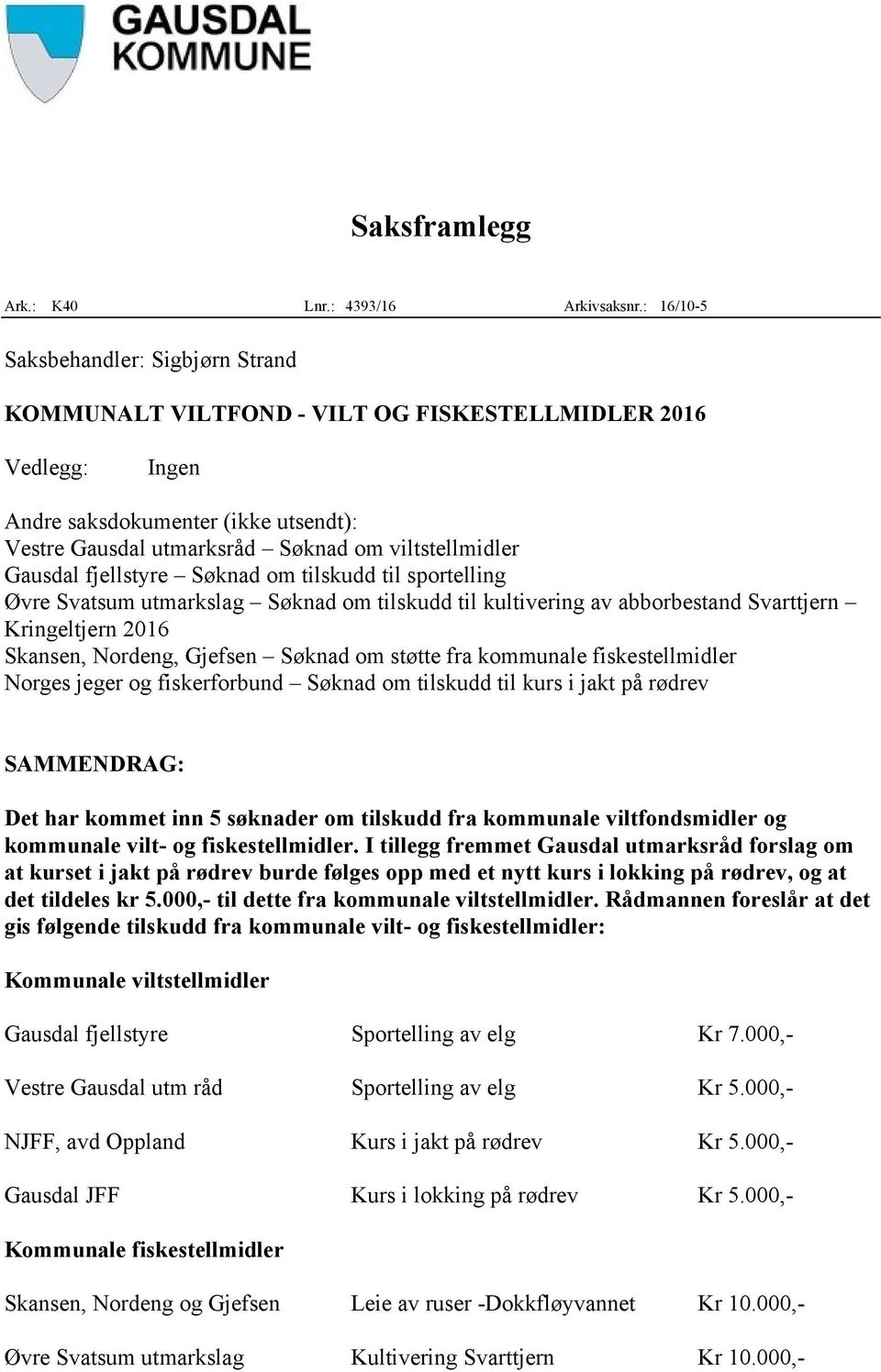 Gausdal fjellstyre Søknad om tilskudd til sportelling Øvre Svatsum utmarkslag Søknad om tilskudd til kultivering av abborbestand Svarttjern Kringeltjern 2016 Skansen, Nordeng, Gjefsen Søknad om