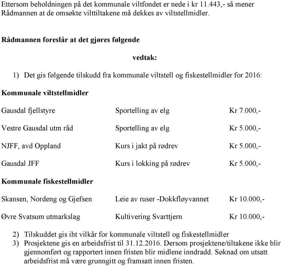 7.000,- Vestre Gausdal utm råd Sportelling av elg Kr 5.000,- NJFF, avd Oppland Kurs i jakt på rødrev Kr 5.000,- Gausdal JFF Kurs i lokking på rødrev Kr 5.