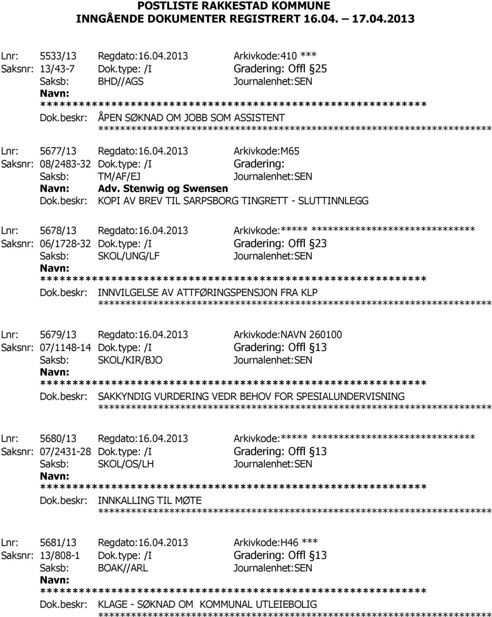 beskr: KOPI AV BREV TIL SARPSBORG TINGRETT - SLUTTINNLEGG ************ Lnr: 5678/13 Regdato:16.04.2013 Arkivkode:***** ****************************** Saksnr: 06/1728-32 Dok.