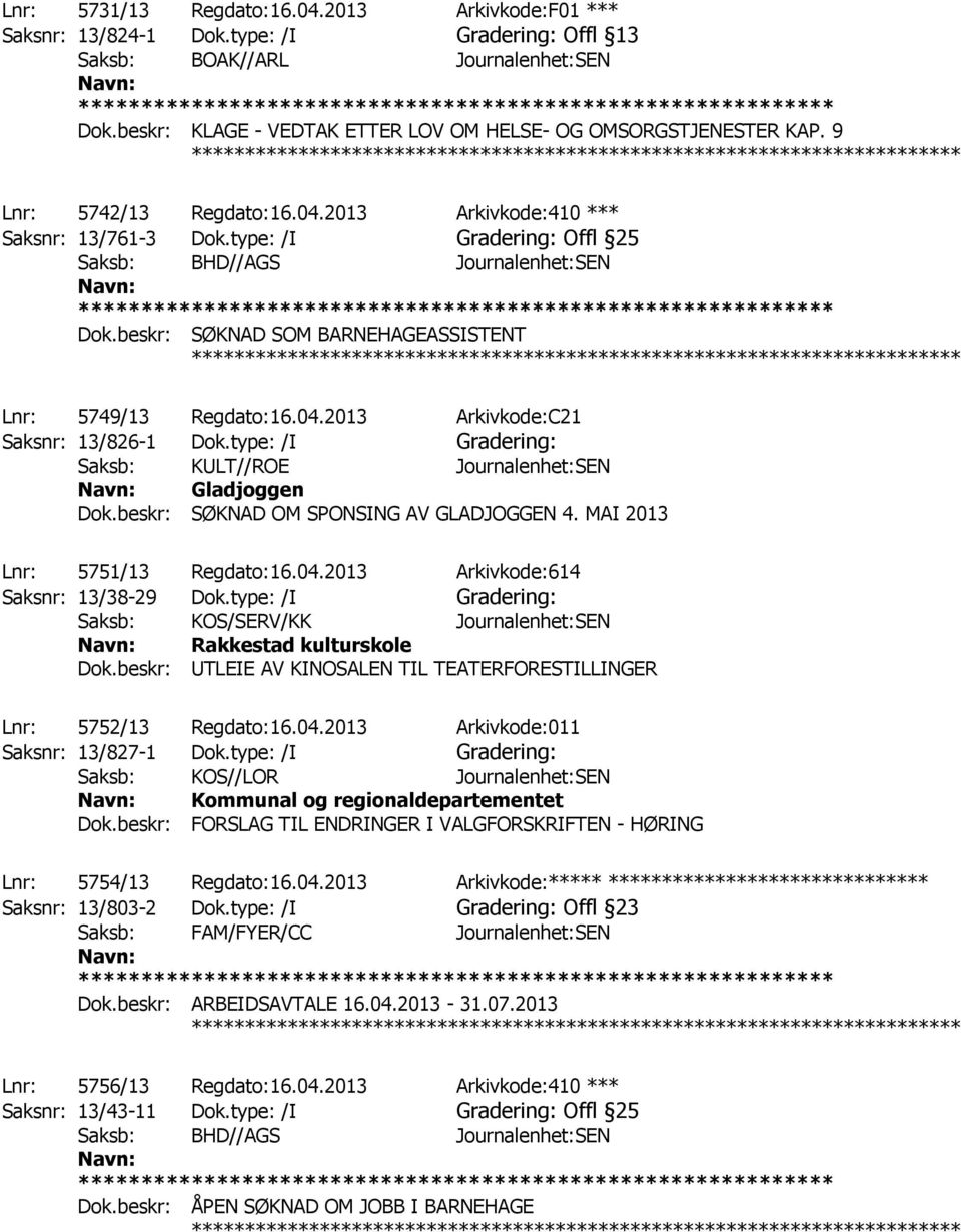 beskr: SØKNAD SOM BARNEHAGEASSISTENT Lnr: 5749/13 Regdato:16.04.2013 Arkivkode:C21 Saksnr: 13/826-1 Dok.type: /I Gradering: Saksb: KULT//ROE Journalenhet:SEN Gladjoggen Dok.