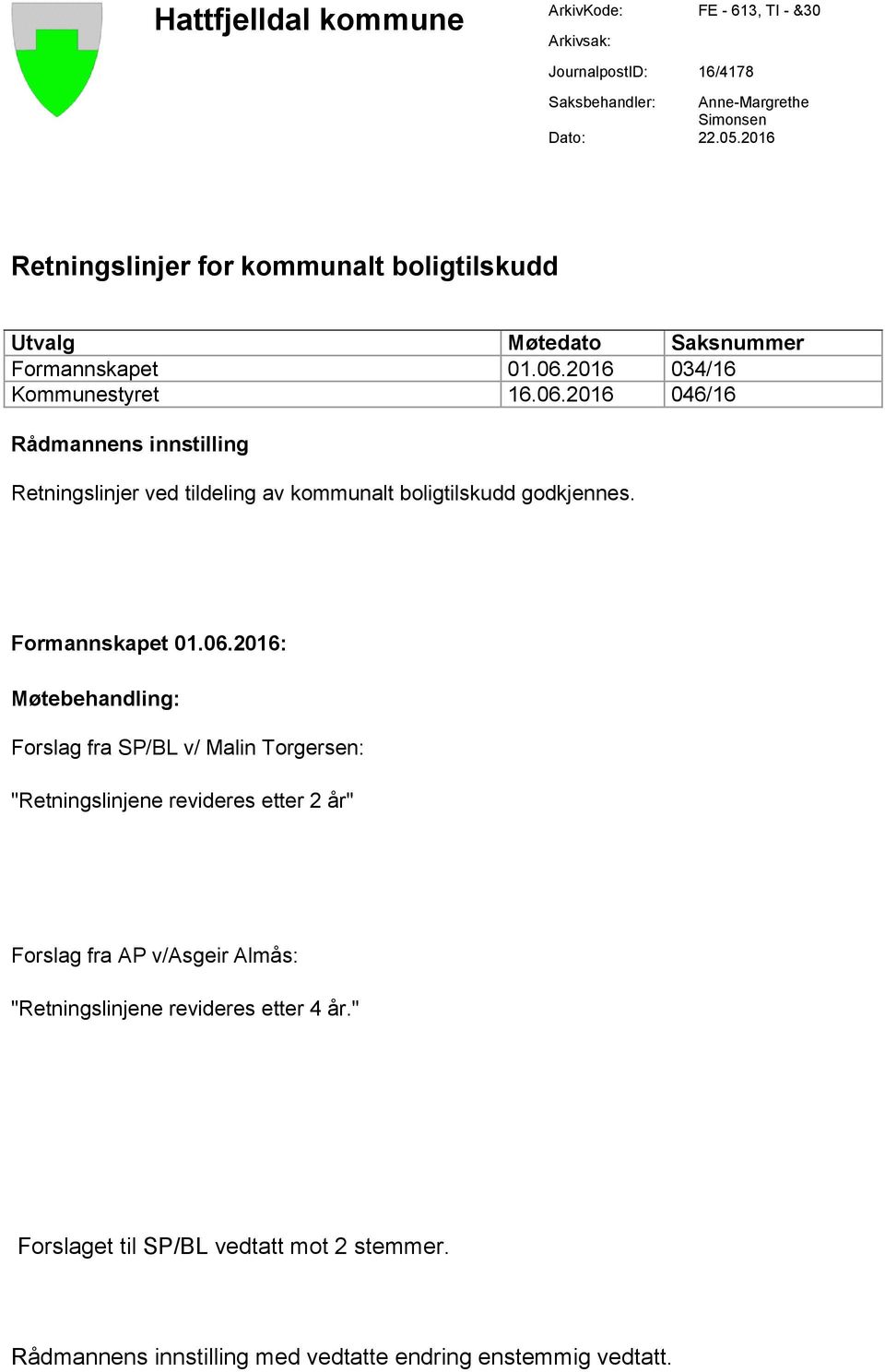 2016 034/16 Kommunestyret 16.06.