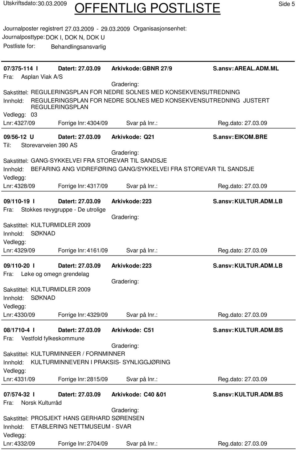 Forrige lnr: 4304/09 Svar på lnr.: Reg.dato: 27.03.09 09/56-12 U Datert: 27.03.09 Arkivkode: Q21 Til: Storevarveien 390 AS Lnr: 4328/09 Forrige lnr: 4317/09 Svar på lnr.: Reg.dato: 27.03.09 09/110-19 I Datert: 27.
