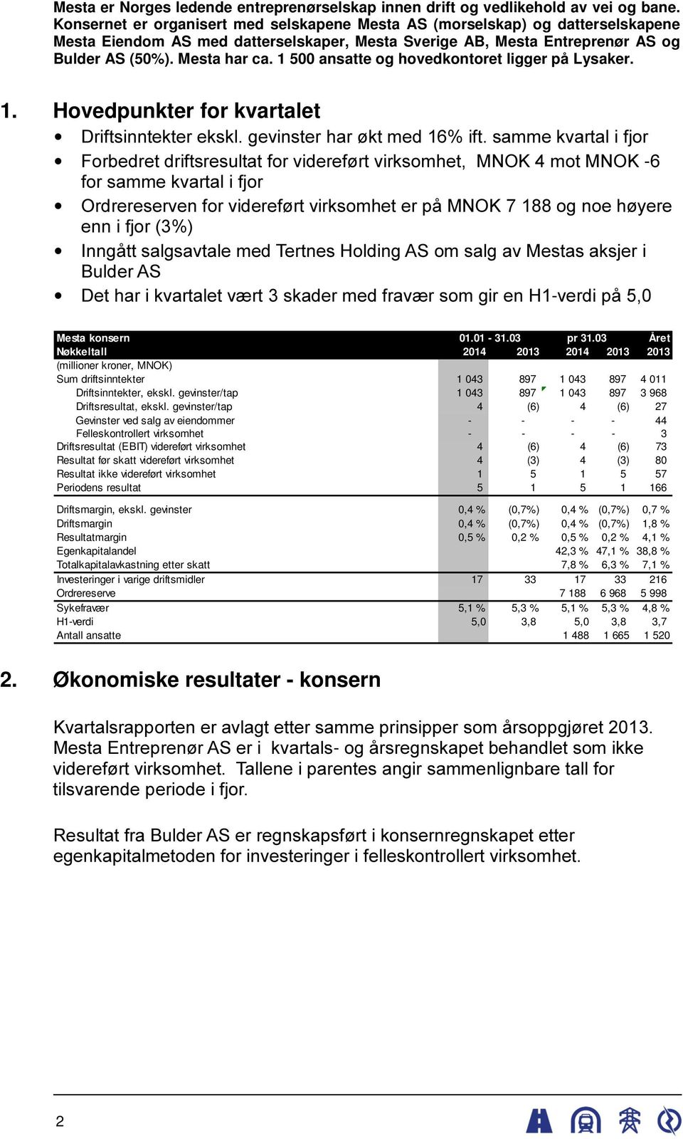 1 500 ansatte og hovedkontoret ligger på Lysaker. 1. Hovedpunkter for kvartalet Driftsinntekter ekskl. gevinster har økt med 16% ift.