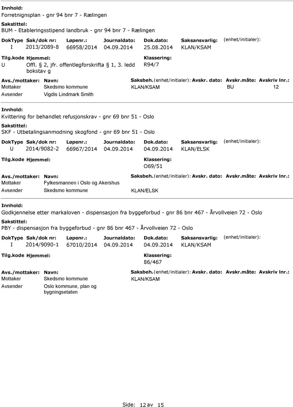 ledd bokstav g R94/7 B 12 Vigdis Lindmark Smith Kvittering for behandlet refusjonskrav - gnr 69 bnr 51 - Oslo SKF - tbetalingsanmodning skogfond - gnr 69 bnr