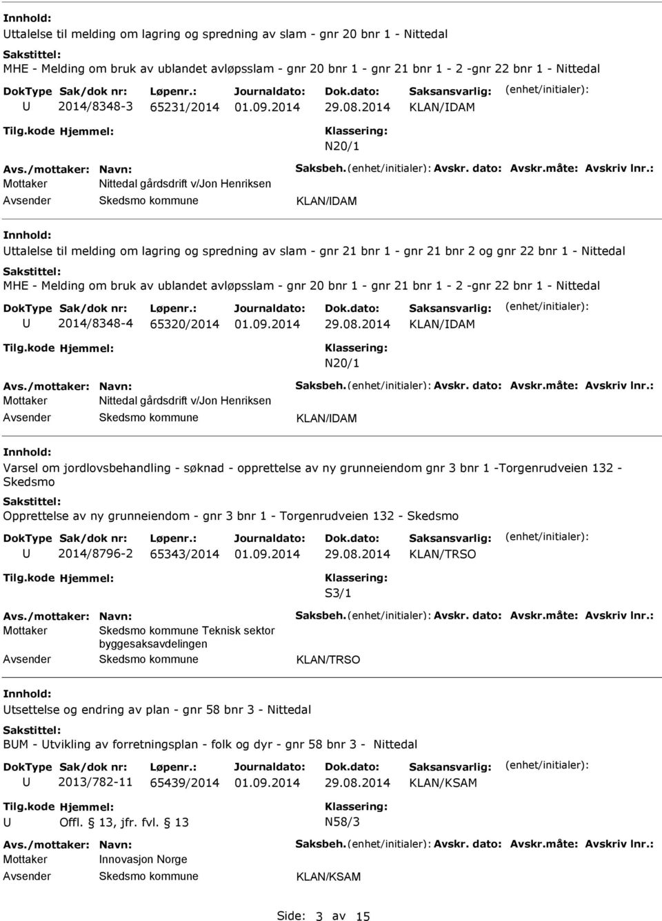 2014 KLAN/DAM N20/1 Mottaker Nittedal gårdsdrift v/jon Henriksen KLAN/DAM ttalelse til melding om lagring og spredning av slam - gnr 21 bnr 1 - gnr 21 bnr 2 og gnr 22 bnr 1 - Nittedal MHE - Melding