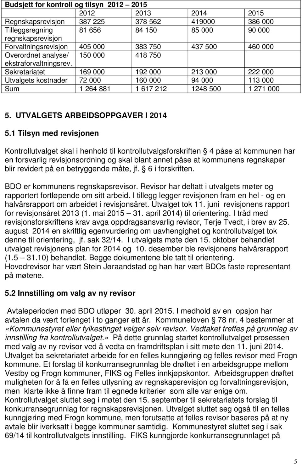 Sekretariatet 169 000 192 000 213 000 222 000 Utvalgets kostnader 72 000 160 000 94 000 113 000 Sum 1 264 881 1 617 212 1248 500 1 271 000 5. UTVALGETS ARBEIDSOPPGAVER I 2014 5.