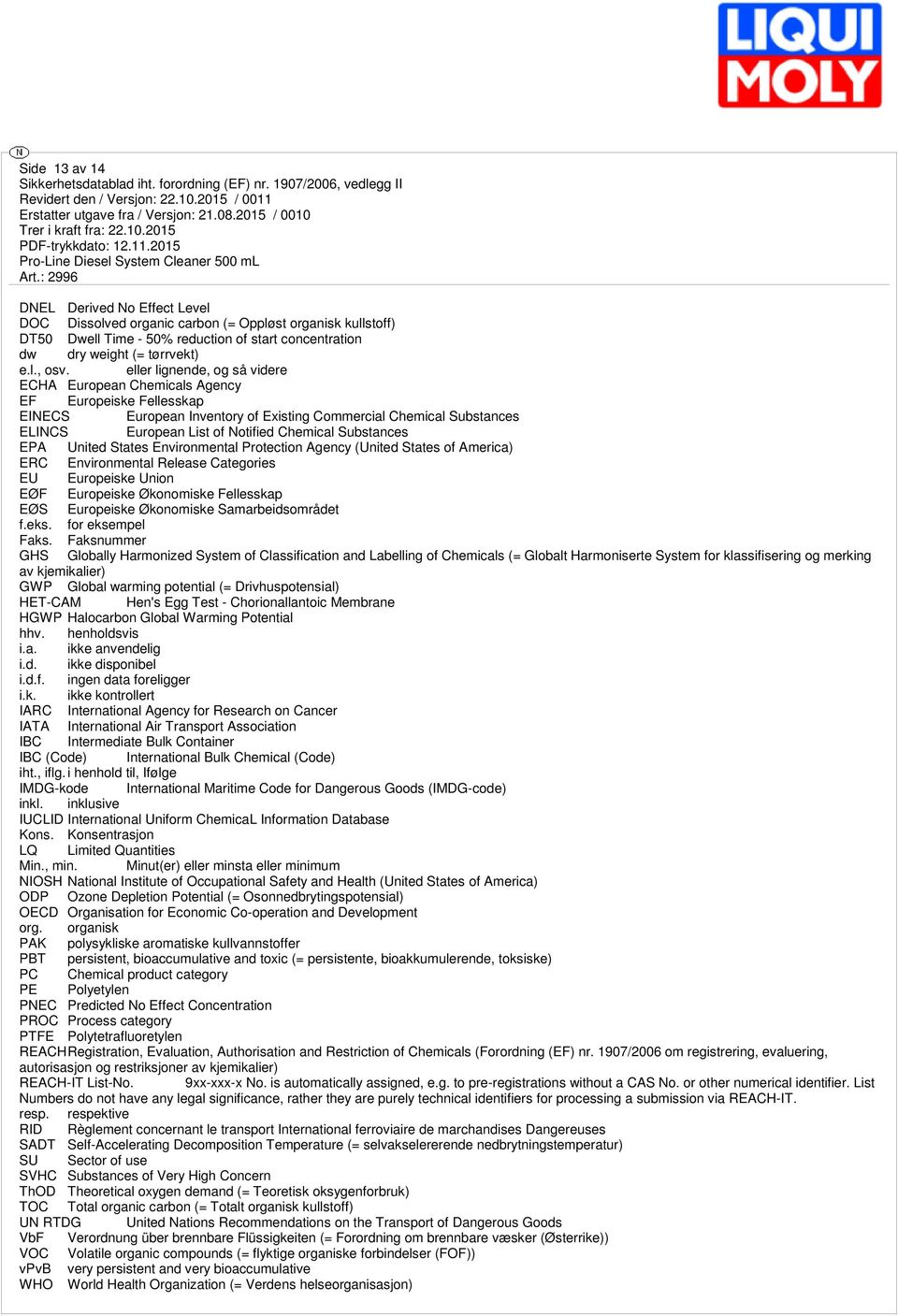 Substances EPA United States Environmental Protection Agency (United States of America) ERC Environmental Release Categories EU Europeiske Union EØF Europeiske Økonomiske Fellesskap EØS Europeiske