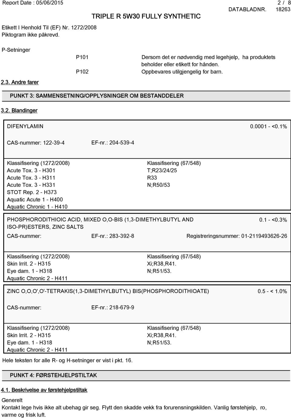 2. Blandinger DIFENYLAMIN 0.0001 - <0.1% CAS-nummer: 122-39-4 EF-nr.: 204-539-4 Klassifisering (1272/2008) Acute Tox. 3 - H301 Acute Tox. 3 - H311 Acute Tox. 3 - H331 STOT Rep.