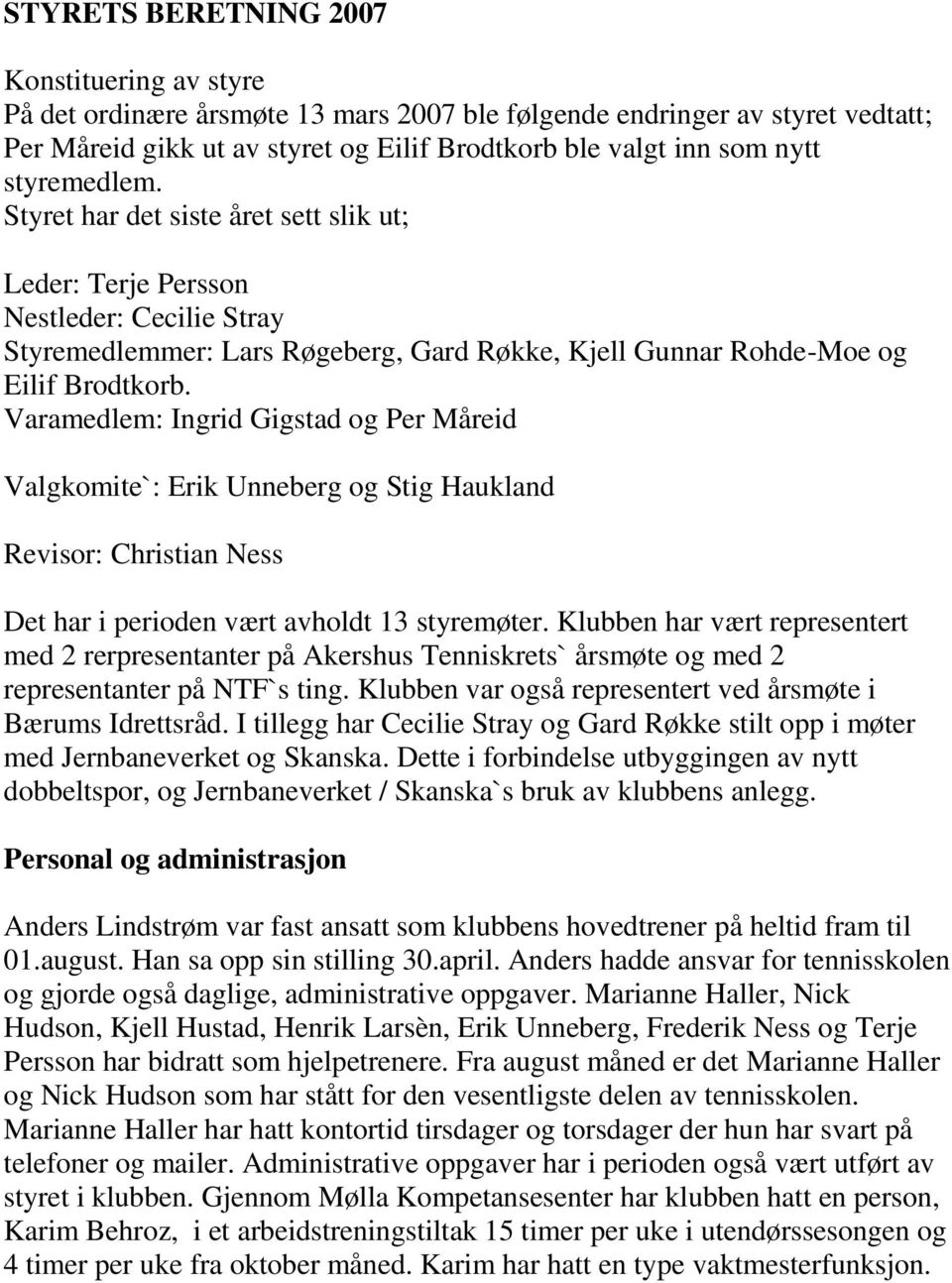 Varamedlem: Ingrid Gigstad og Per Måreid Valgkomite`: Erik Unneberg og Stig Haukland Revisor: Christian Ness Det har i perioden vært avholdt 13 styremøter.