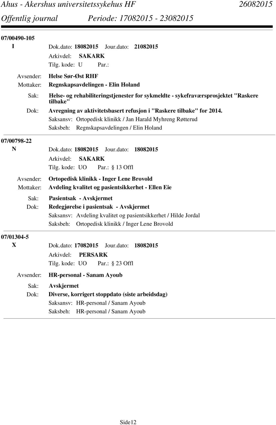 tilbake" for 2014. Saksansv: Ortopedisk klinikk / Jan Harald Myhreng Røtterud Saksbeh: Regnskapsavdelingen / Elin Holand 07/00798-22 N Dok.dato: 18082015 Jour.