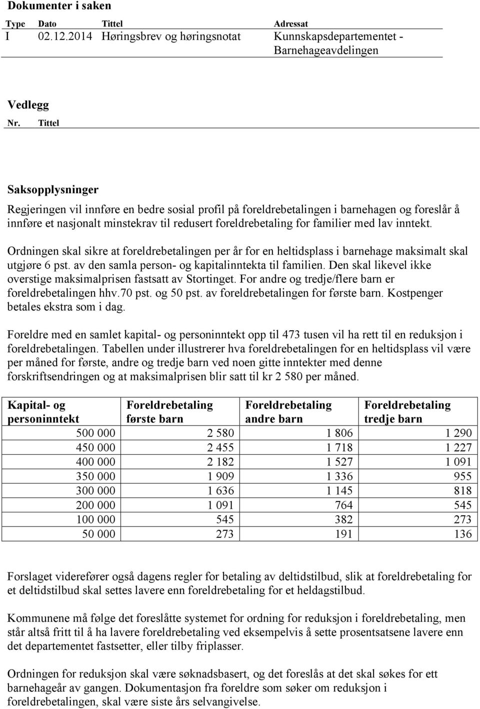 lav inntekt. Ordningen skal sikre at foreldrebetalingen per år for en heltidsplass i barnehage maksimalt skal utgjøre 6 pst. av den samla person- og kapitalinntekta til familien.