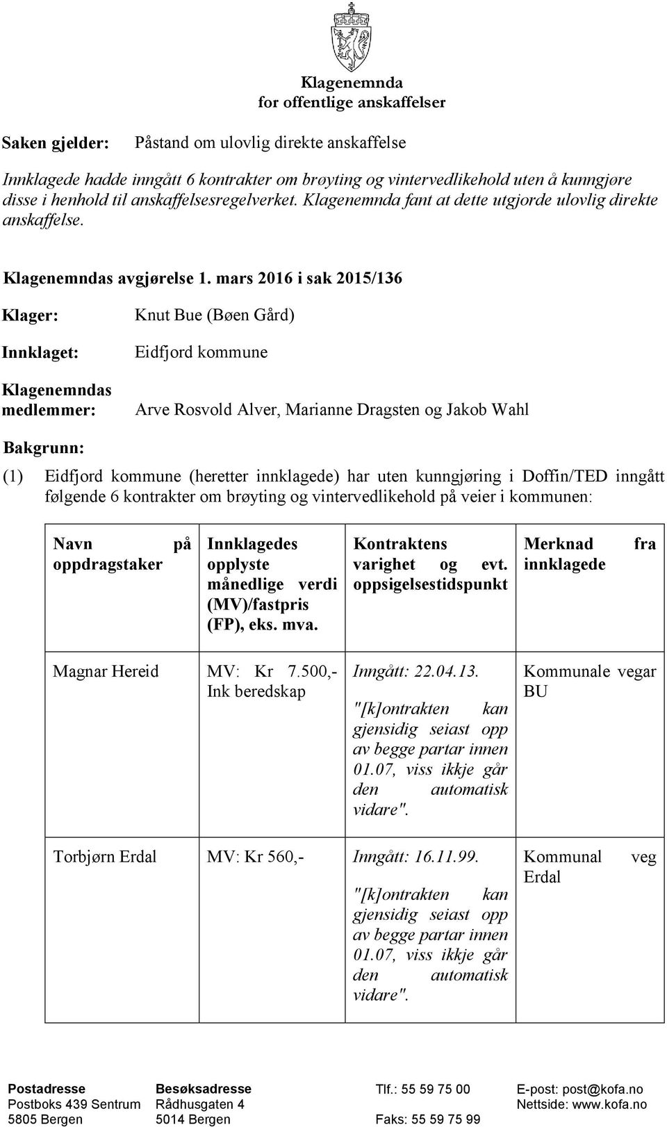 mars 2016 i sak 2015/136 Klager: Innklaget: Klagenemndas medlemmer: Knut Bue (Bøen Gård) Eidfjord kommune Arve Rosvold Alver, Marianne Dragsten og Jakob Wahl Bakgrunn: (1) Eidfjord kommune (heretter