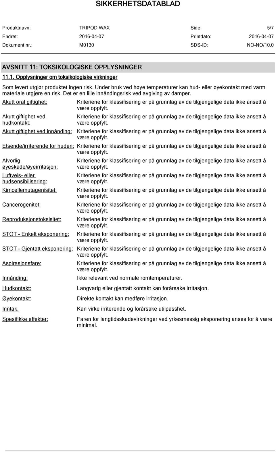 Akutt oral giftighet: Akutt giftighet ved hudkontakt: Akutt giftighet ved innånding: Etsende/irriterende for huden: Alvorlig øyeskade/øyeirritasjon: Luftveis- eller hudsensibilisering: