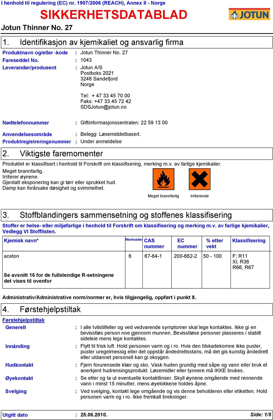 27 Jotun A/S Postboks 2021 3248 Sandefjord Norge Tel + 47 33 45 70 00 Faks +47 33 45 72 42 SDSJotun@jotun.