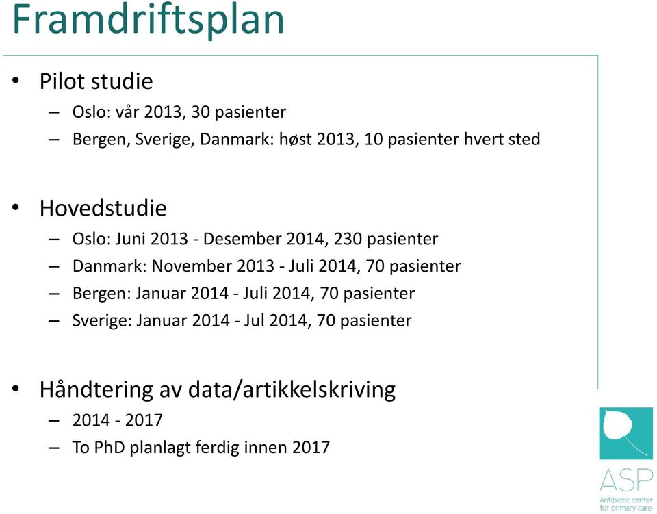 2013 - Juli 2014, 70 pasienter Bergen: Januar 2014 - Juli 2014, 70 pasienter Sverige: Januar 2014 -