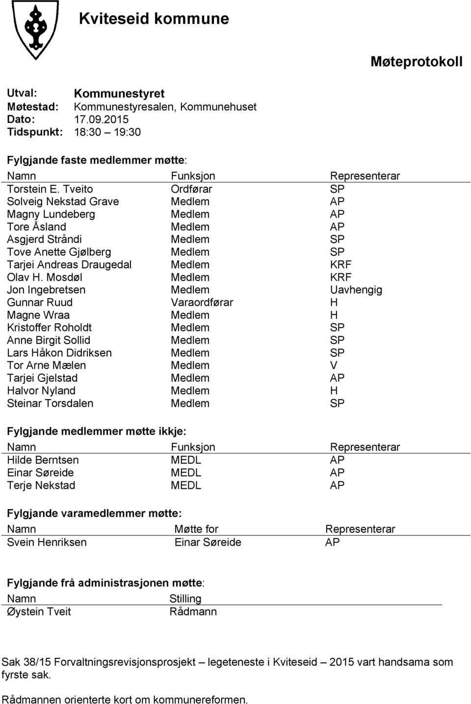 Tveito Ordførar SP Solveig Nekstad Grave Medlem AP Magny Lundeberg Medlem AP Tore Åsland Medlem AP Asgjerd Stråndi Medlem SP Tove Anette Gjølberg Medlem SP Tarjei Andreas Draugedal Medlem KRF Olav H.