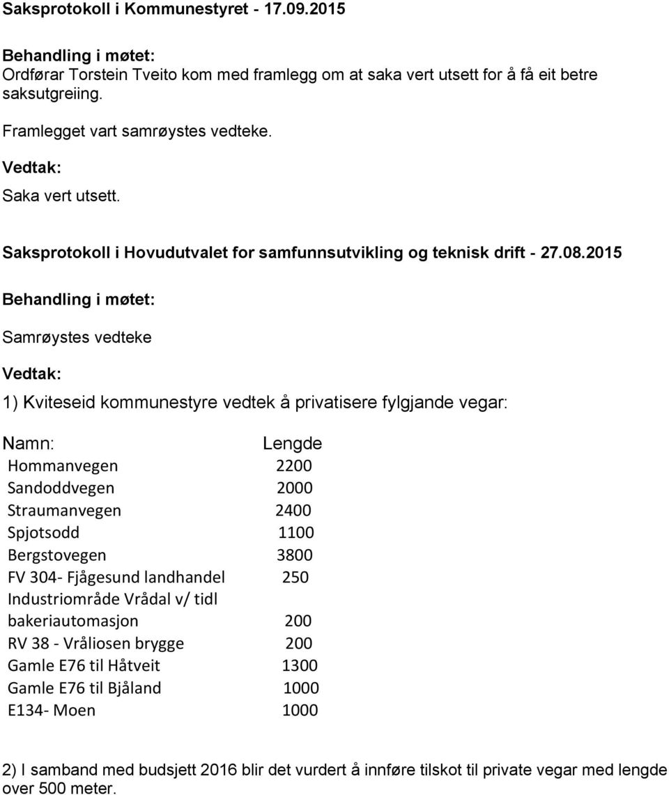 2015 Samrøystes vedteke 1) Kviteseid kommunestyre vedtek å privatisere fylgjande vegar: Namn: Lengde Hommanvegen 2200 Sandoddvegen 2000 Straumanvegen 2400 Spjotsodd 1100