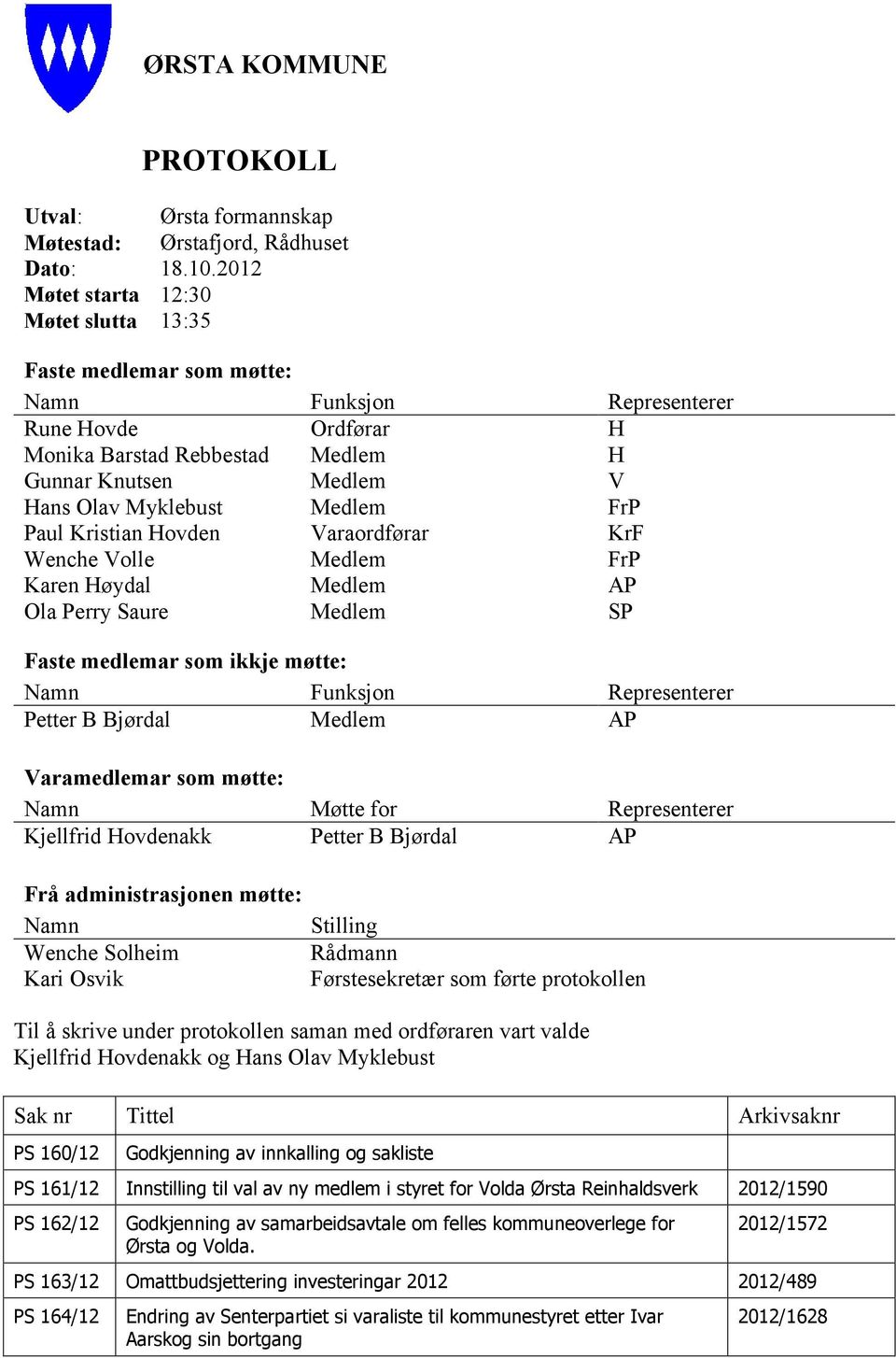 Medlem FrP Paul Kristian Hovden Varaordførar KrF Wenche Volle Medlem FrP Karen Høydal Medlem AP Ola Perry Saure Medlem SP Faste medlemar som ikkje møtte: Namn Funksjon Representerer Petter B Bjørdal