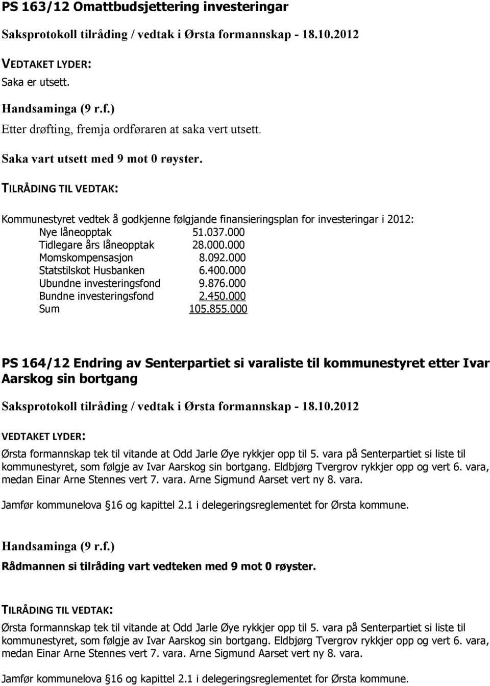 000 Statstilskot Husbanken 6.400.000 Ubundne investeringsfond 9.876.000 Bundne investeringsfond 2.450.000 Sum 105.855.