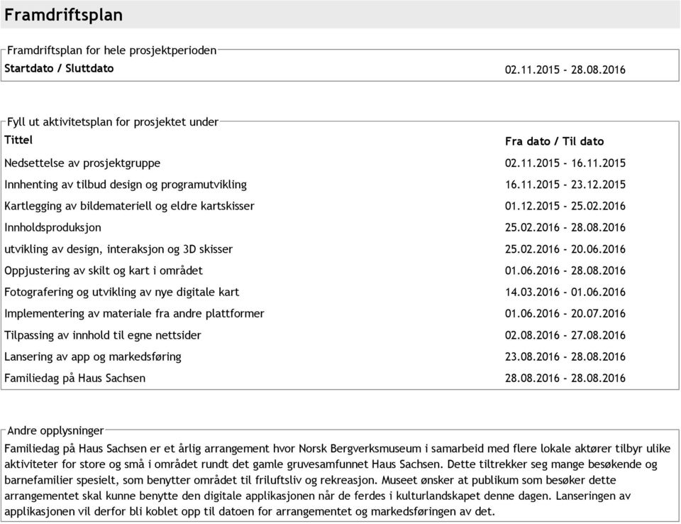 2015 Kartlegging av bildemateriell og eldre kartskisser 01.12.2015 25.02.2016 Innholdsproduksjon 25.02.2016 28.08.2016 utvikling av design, interaksjon og 3D skisser 25.02.2016 20.06.