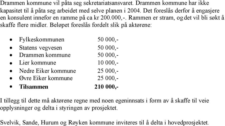 Beløpet foreslås fordelt slik på aktørene: Fylkeskommunen 50 000,- Statens vegvesen 50 000,- Drammen kommune 50 000,- Lier kommune 10 000,- Nedre Eiker kommune 25 000,- Øvre