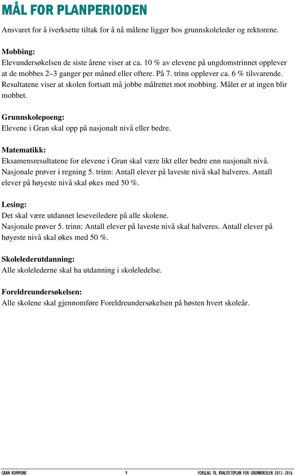 Resultatene viser at skolen fortsatt må jobbe målrettet mot mobbing. Målet er at ingen blir mobbet. Grunnskolepoeng: Elevene i Gran skal opp på nasjonalt nivå eller bedre.