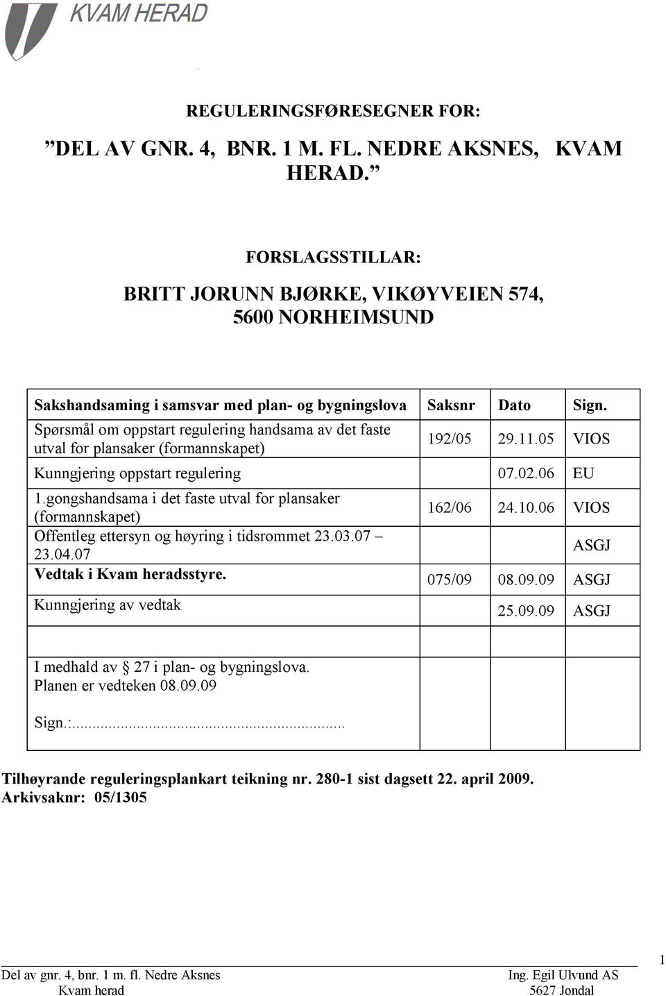 Spørsmål om oppstart regulering handsama av det faste utval for plansaker (formannskapet) 192/05 29.11.05 VIOS Kunngjering oppstart regulering 07.02.06 EU 1.