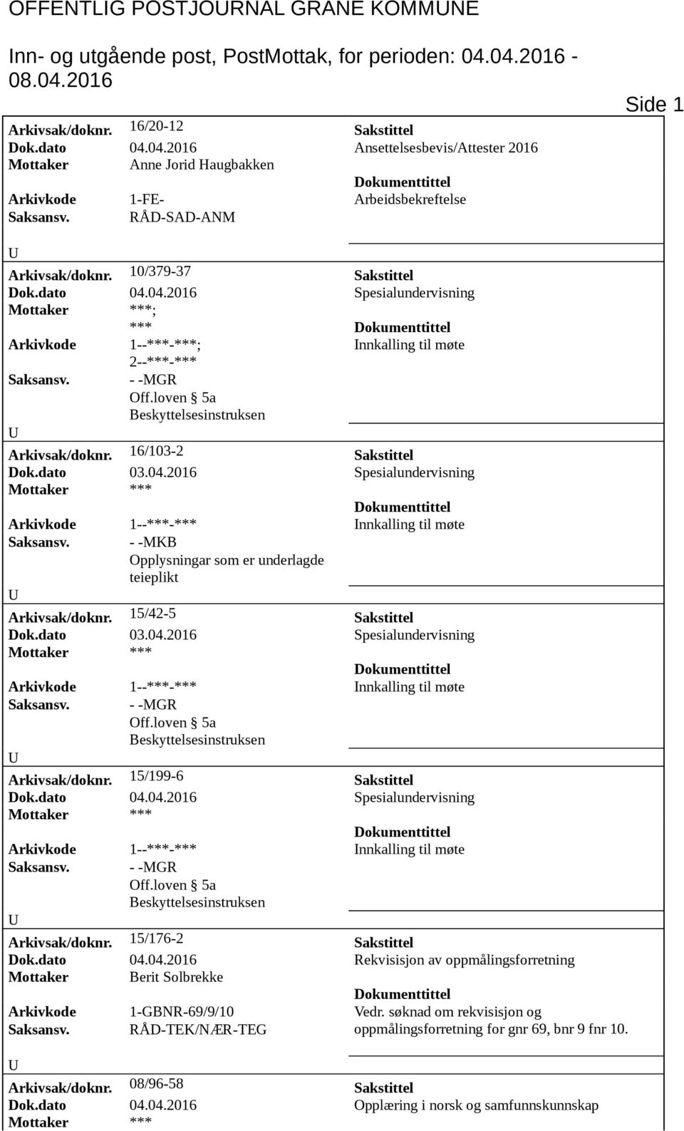 10/379-37 Sakstittel Dok.dato 04.04.2016 Spesialundervisning ; *** Arkivkode 1--***-***; nnkalling til møte 2--***-*** Saksansv. - -MGR Arkivsak/doknr. 16/103-2 Sakstittel Dok.dato 03.04.2016 Spesialundervisning Arkivkode 1--***-*** nnkalling til møte Saksansv.