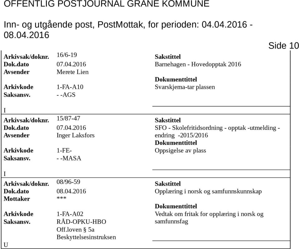 - -AGS Side 10 Arkivsak/doknr. 15/87-47 Sakstittel Dok.dato 07.04.