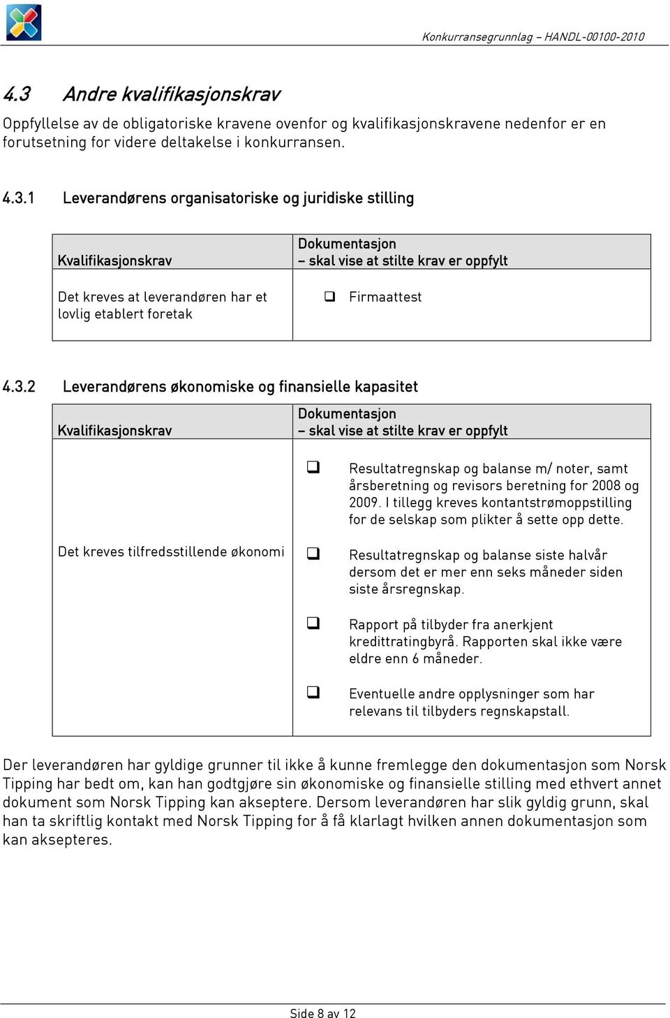 3.2 Leverandørens økonomiske og finansielle kapasitet Kvalifikasjonskrav Dokumentasjon skal vise at stilte krav er oppfylt Det kreves tilfredsstillende økonomi Resultatregnskap og balanse m/ noter,