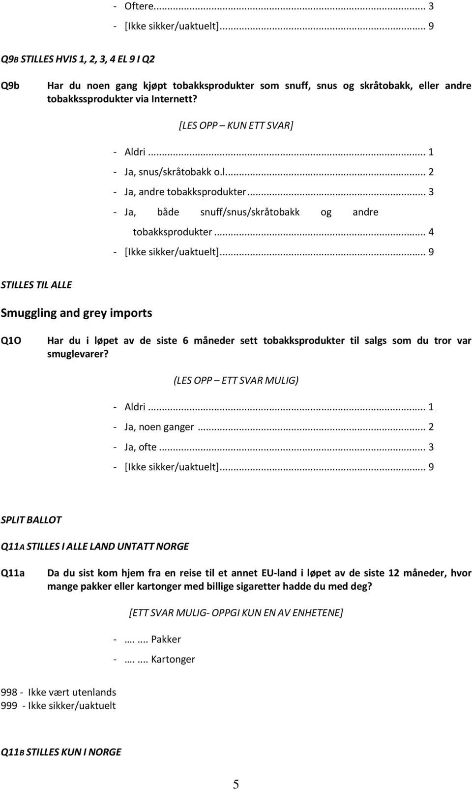 .. 4 STILLES TIL ALLE Smuggling and grey imports Q1O Har du i løpet av de siste 6 måneder sett tobakksprodukter til salgs som du tror var smuglevarer? (LES OPP ETT SVAR MULIG) Aldri.