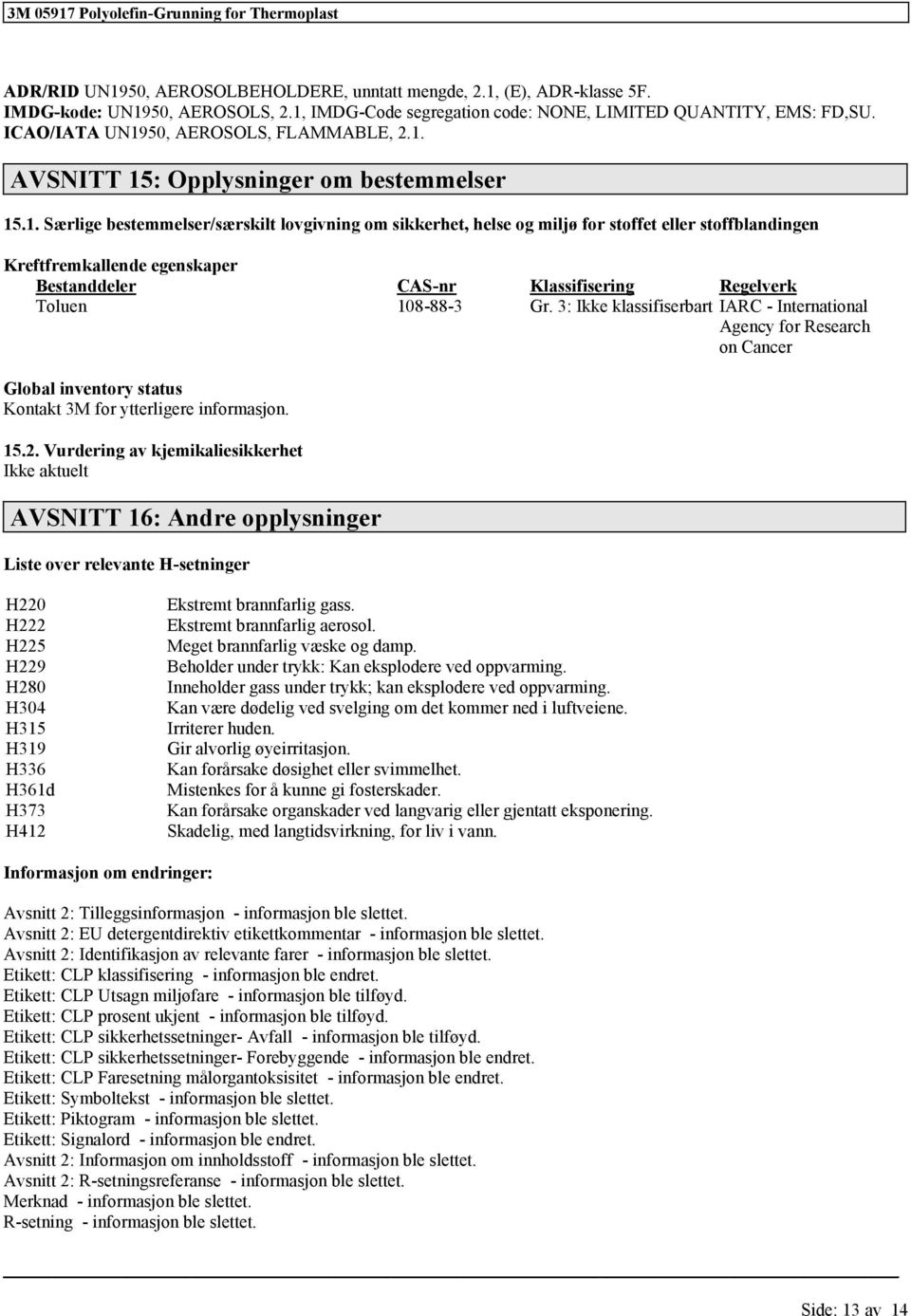 3: Ikk klassifisrbart IARC - Intrnational Agncy for Rsarch on Cancr Global invntory status Kontakt 3M for yttrligr informasjon. 15.2.