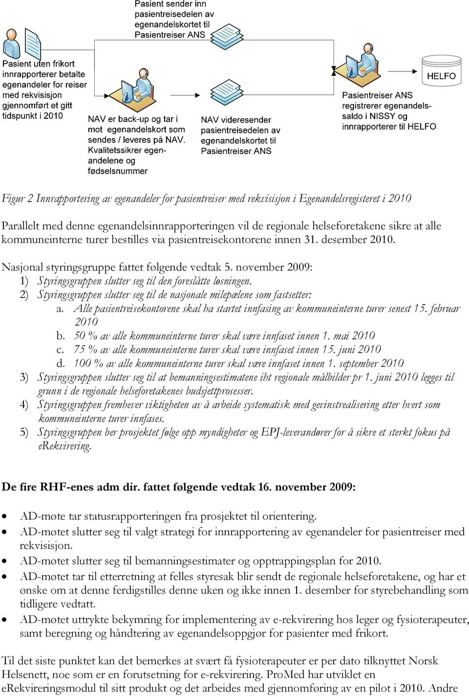 november 2009: 1) Styringsgruppen slutter seg til den foreslåtte løsningen. 2) Styringsgruppen slutter seg til de nasjonale milepælene som fastsetter: a.