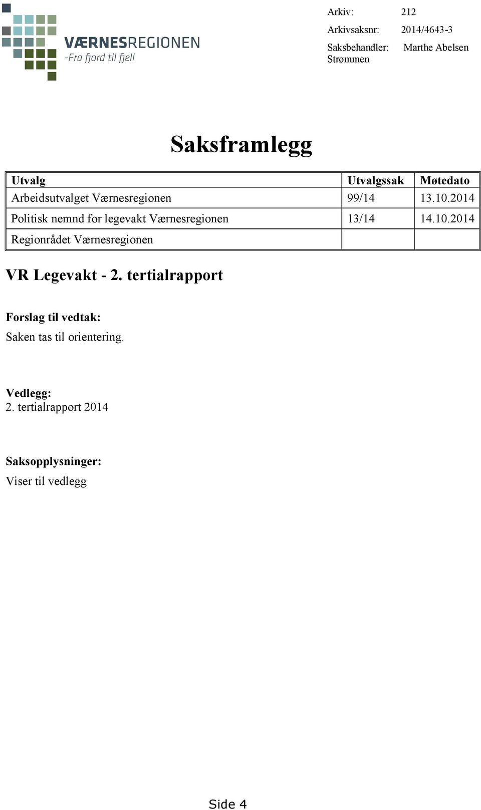 2014 Politisk nemnd for legevakt Værnesregionen 13/14 14.10.