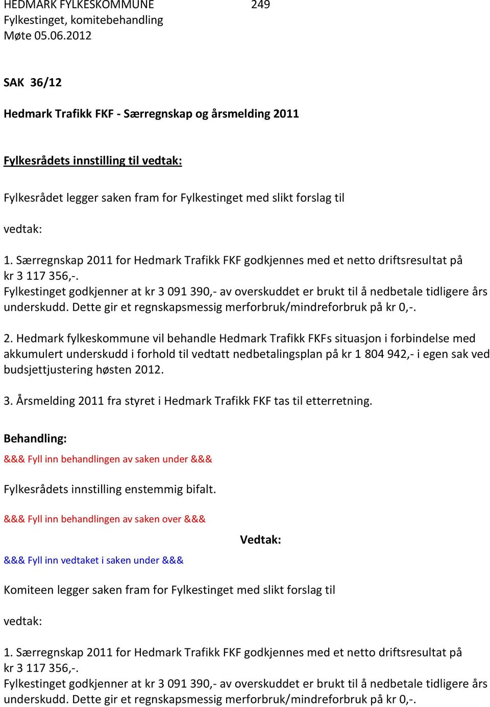 Fylkestinget godkjenner at kr 3 091 390,- av overskuddet er brukt til å nedbetale tidligere års underskudd. Dette gir et regnskapsmessig merforbruk/mindreforbruk på kr 0,-. 2.