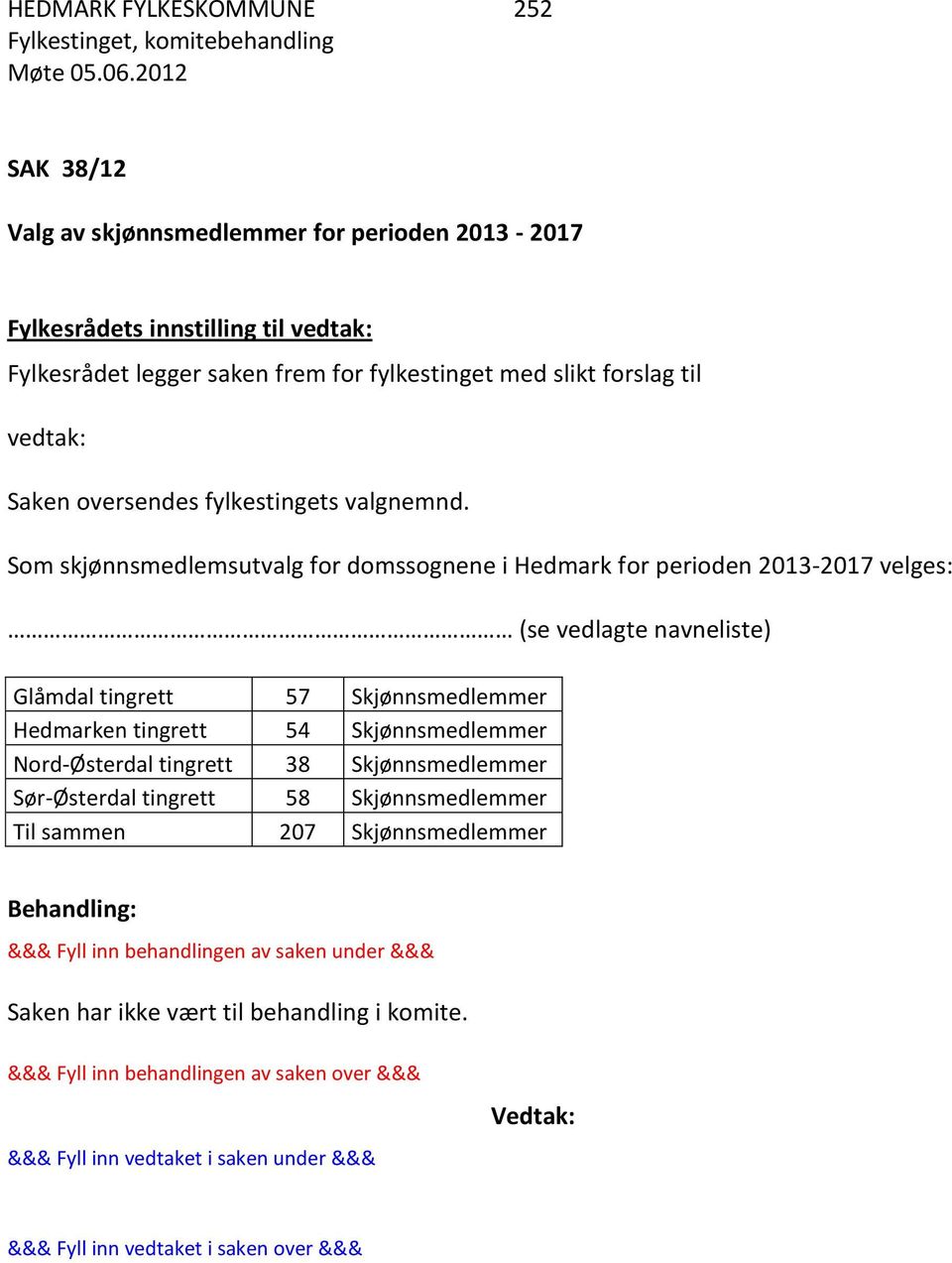 Som skjønnsmedlemsutvalg for domssognene i Hedmark for perioden 2013-2017 velges: (se vedlagte navneliste) Glåmdal tingrett 57 Skjønnsmedlemmer Hedmarken tingrett 54 Skjønnsmedlemmer