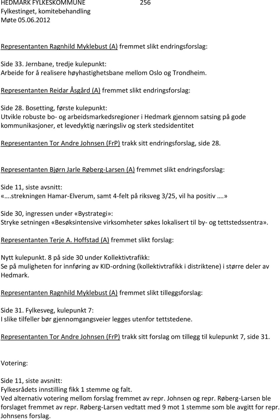 Bosetting, første kulepunkt: Utvikle robuste bo- og arbeidsmarkedsregioner i Hedmark gjennom satsing på gode kommunikasjoner, et levedyktig næringsliv og sterk stedsidentitet Representanten Tor Andre