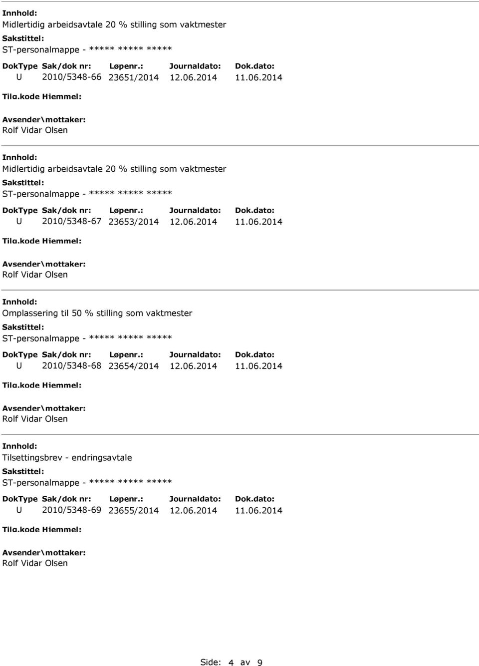 Vidar Olsen Omplassering til 50 % stilling som vaktmester ST-personalmappe - 2010/5348-68 23654/2014 Rolf